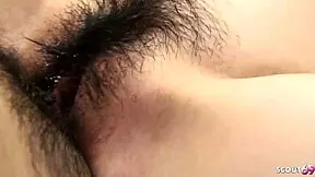 Skinny japanese domina teen's hairy pussy nipples get creampie fucked missionary by old guy