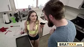 Petite teen sucks cock deep after kitchen blooper then rides it hard?