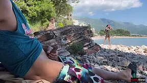 skinny brunette grabs stranger's cock on beach flashing publicly till he explodes cum