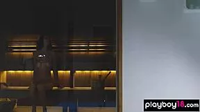 Extra Skinny Massive Tits Teen Strips Nude Posing in Sauna