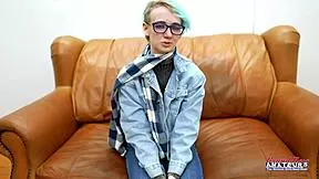 shy blue haired nerd petite teases pussy then gulps cock deep in innocent swallow