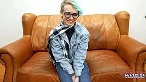 shy blue haired nerd petite teases pussy then gulps cock deep in innocent swallow