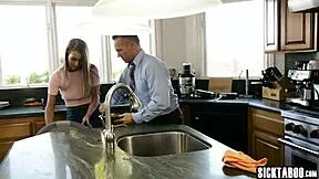 pretty teen brunette's shaved ass takes older guy's hardcore pounding