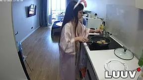 luuv cooks topless in kitchen flashing those sexy euro tits voyeur style