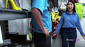 Busty Asian cop punishes shoplifting teen milf in ffm threesome bent over doggystyle humiliation