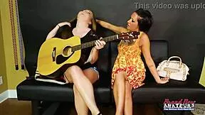 Madelyn and sofia lick each other's shaved pussies and fat tits close up