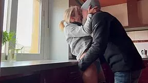 horny WIFE in kitchen begs for pussy LICKING then DOGGY creampie