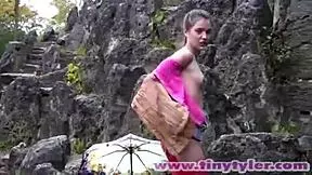 tiny tyler strips naked outdoors then fingers her wet clit publicly
