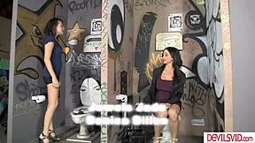 stepmom and stepdaughter team up slurping huge cock in dirty public toilet!! 💦🍆