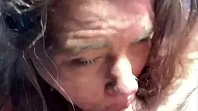 topless pretty hooker rubs cock on face after cum load in mouth - ready for facial?