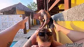 Lucky guy scores double blowjob from two 18yo pool hotties