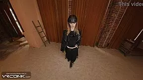 Does skinny Furiosa deepthroat three monster cocks in VR?