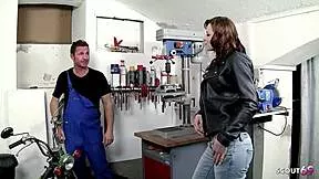 crazy teen in leather jacket tricked stepmom's friend into garage cheating fuck...