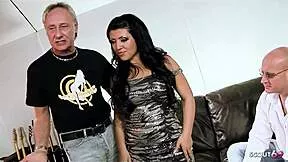 black haired beauty chats first mmf threesome bent over fucked by two old big dick guys