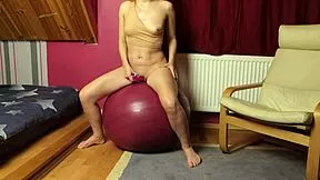 Fitness Redhead Teen Rides Dildo On Fitball Shaved Pussy Orgasms Hard