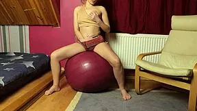 Fitness Redhead Teen Rides Dildo On Fitball Shaved Pussy Orgasms Hard