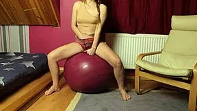 Fitness Redhead Teen Rides Dildo On Fitball Shaved Pussy Orgasms Hard