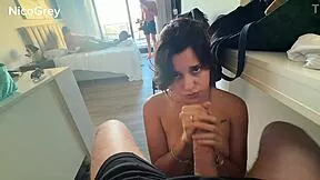 brunette latina dives into sloppy blowjob during hardcore 4some orgy watching couple pov