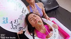 two cute teens join old man for rough anal 3some piss toilet whore play with ass licking