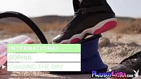 Sophia aches stripping tiny bikini outdoors