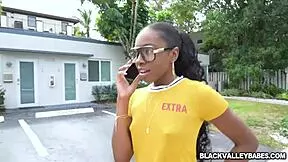 nerdy ebony teen with glasses spreads legs for interracial monster cock deep in pussy
