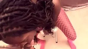 the brunette ebony babe in fishnets and stockings kneels in pov to suck and deepthroat that hard cock until cumshot sprays her face