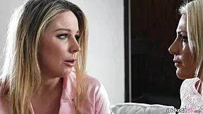 i can't stop fingering this big tits blonde lesbian wife's shaved pussy while she licks my clit and we trib hard in bed