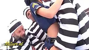 old prisoners swarm petite new guard for savage gangbang bukkake and piss shower frenzy