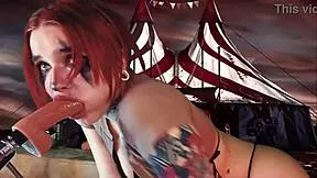 Redhead cosplayer gives deep passionate throat blowjob with toys