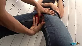 whoa this sexy skinny asian rips jeans flashing puffy clit big nipples heels for deepthroat action 🔥