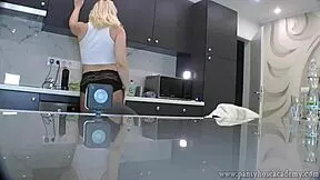 hot blonde wife in kitchen SLIPS off sheer black pantyhose panties tight pussy