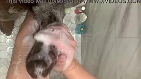 stepbro's monster cock cleaned by hot asian teen in steamy shower quickie