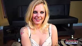 Skinny tattooed blonde Myaa jerks off cock then takes hard pussy pounding