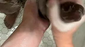 stepbro's monster cock cleaned by hot asian teen in steamy shower quickie