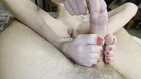 pov view of sexy petite milf mom with red toenails giving footjob and sloppy cock suck