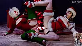 Eve and 2B Double Dildo Anal Christmas Squirting Slut