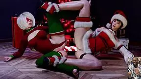 Eve and 2B Double Dildo Anal Christmas Squirting Slut