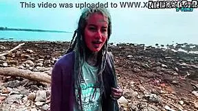 public blowjob ends with huge sloppy cumshot all over her pierced face