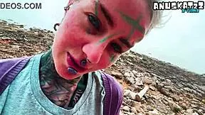 public blowjob ends with huge sloppy cumshot all over her pierced face