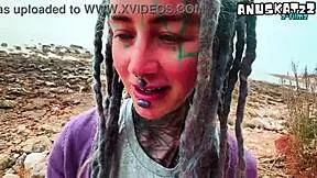 public blowjob ends with huge sloppy cumshot all over her pierced face