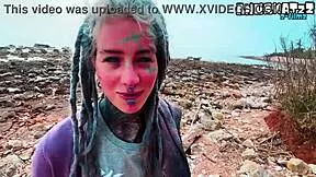 public blowjob ends with huge sloppy cumshot all over her pierced face