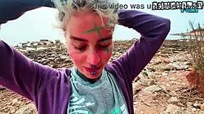 public blowjob ends with huge sloppy cumshot all over her pierced face