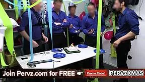 group passes tiny blonde shoplyfter around until she submits