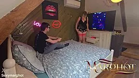 Stepmom teases stepson during game he fills her up then she tastes it all