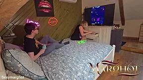 Stepmom teases stepson during game he fills her up then she tastes it all