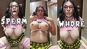 Bukkake sissy slut addicted to cum blasts on face and tits craves more