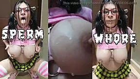 Bukkake sissy slut addicted to cum blasts on face and tits craves more