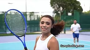 curly petite ebony beauty sucks interracial cock after sport practice