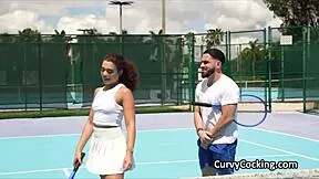 curly petite ebony beauty sucks interracial cock after sport practice