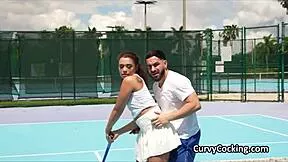 curly petite ebony beauty sucks interracial cock after sport practice